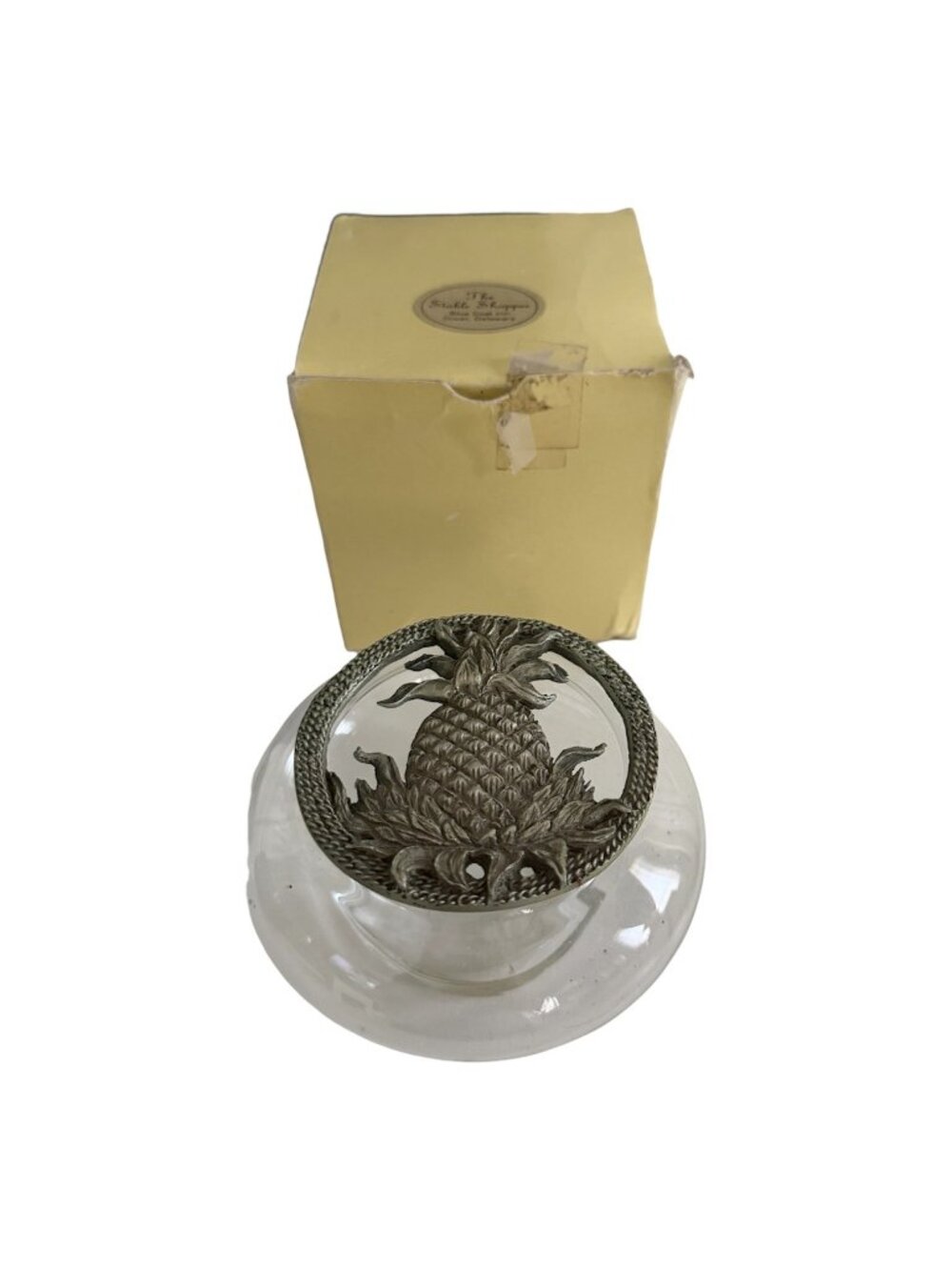Vintage Pineapple Potpourri Bowl Glass Pewter Lid Blue Coat Inn Delaware